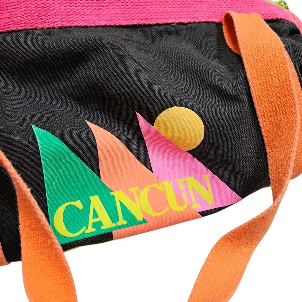 Vintage 80s 90 Cancun Mexico‎ Mini Duffel Bag Neon Trim Travel Beach Bag